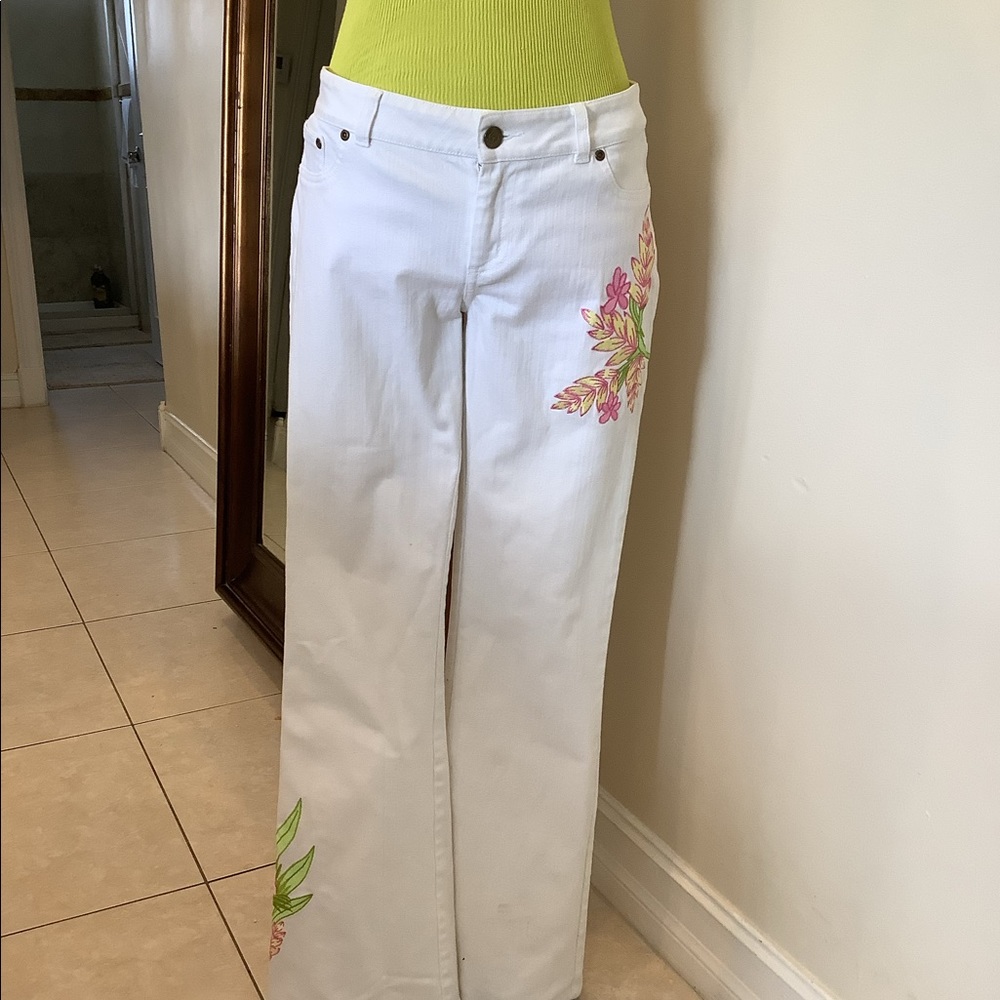 Vintage Lilly Pulitzer White Embroidered Bootcut Jeans Y2K Placed Flora Size 6